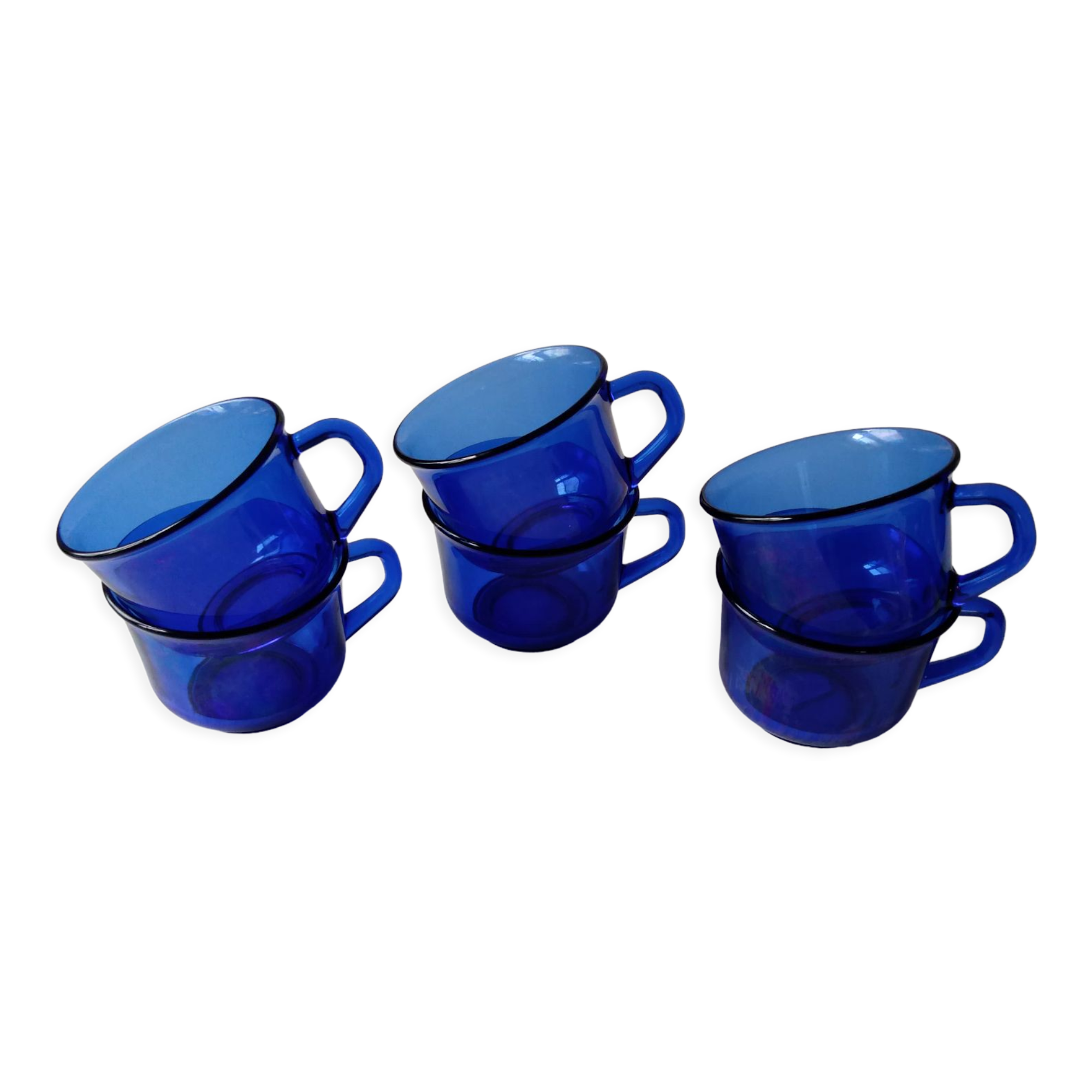 Set of 6 vintage arcoroc transparent Indigo blue glass cups