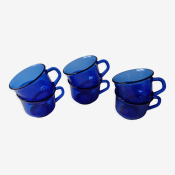 Lot de 6 tasses en verre bleues Indigo transparentes arcoroc vintage