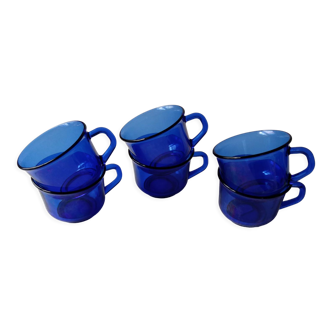 Lot de 6 tasses en verre bleues Indigo transparentes arcoroc vintage