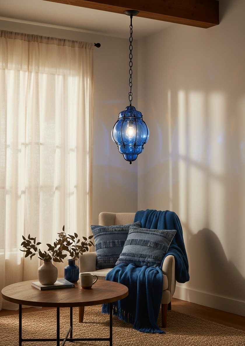 Wrought Iron Blue Murano Glass Light Pendant 1980’s