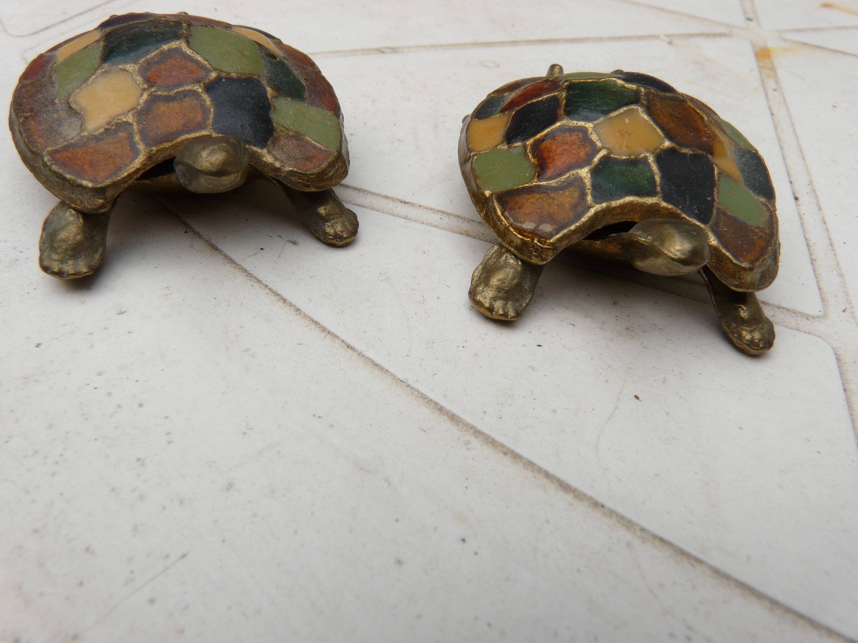 Pair of brass and enameled turtle jewelry box