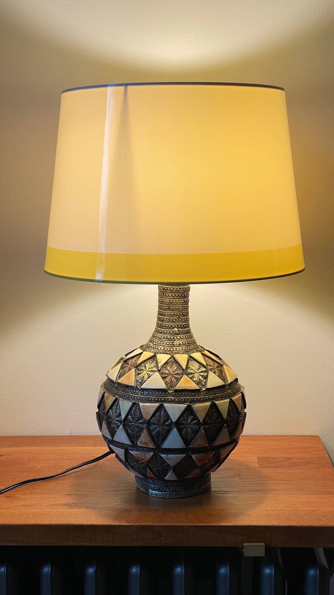 Vintage handcrafted lamp, pottery and silver-plated metal