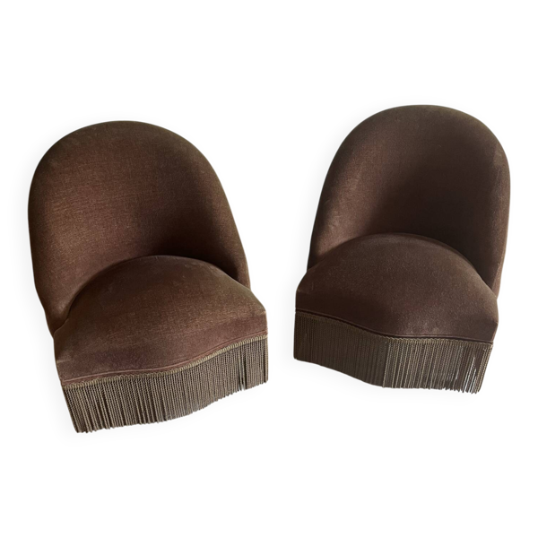 Paire de fauteuils crapaud vintage en velours brun tabac à franges
