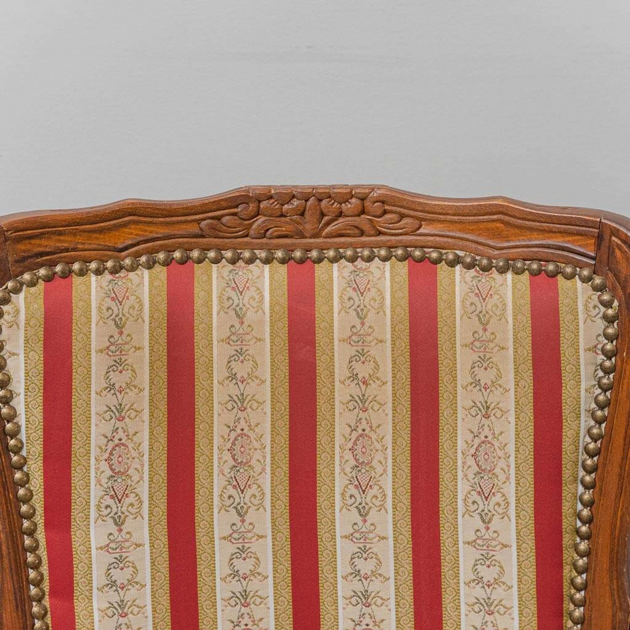 Pair of Parisian-style armchairs in wood with striped fabric armrests, vintage