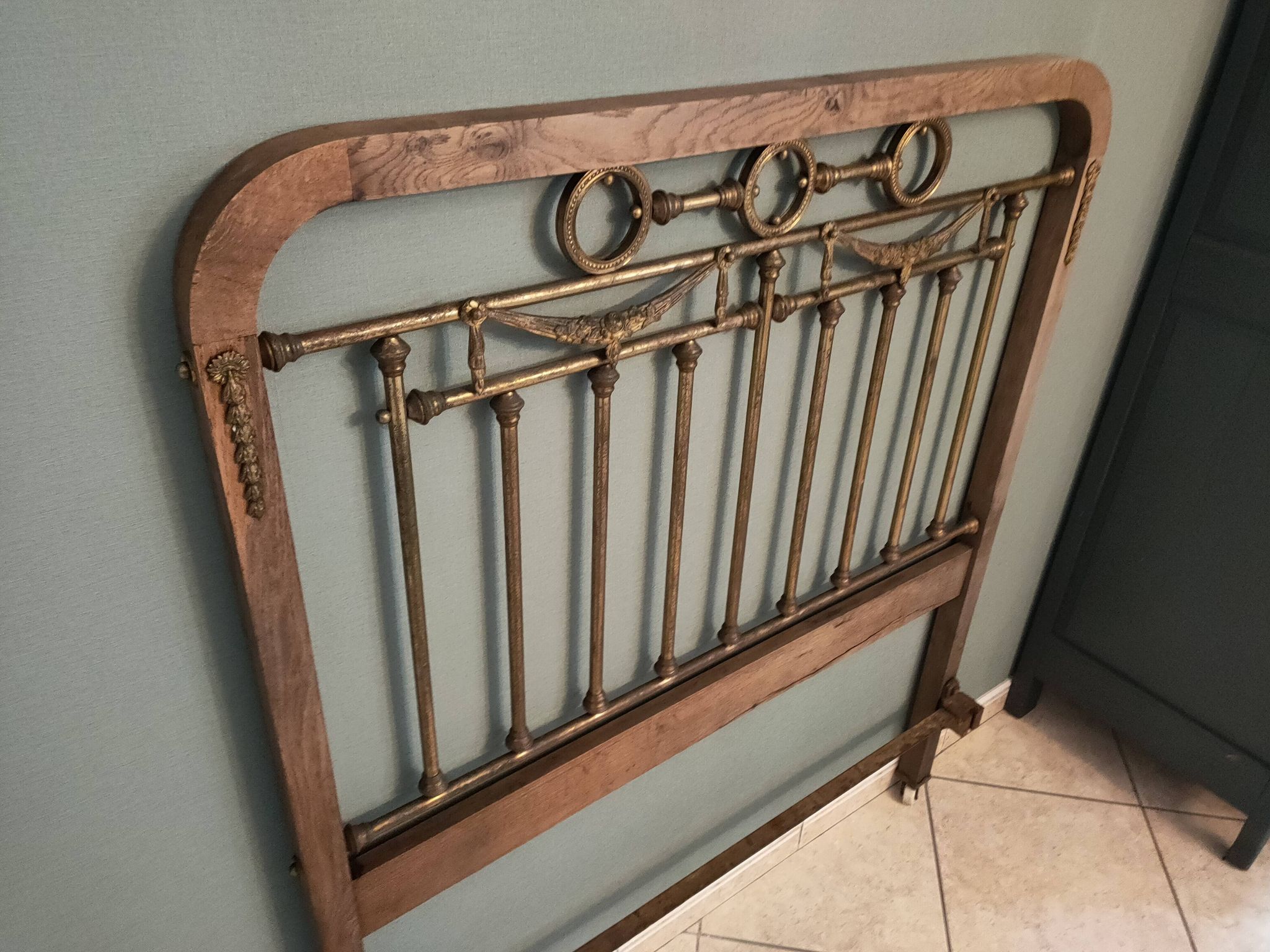 Oak and brass headboard from the 20s-30s