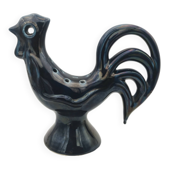 FLOWER PICK Rooster Shape in Vintage BLUE Enameled Ceramic Signed Le Potier Menton