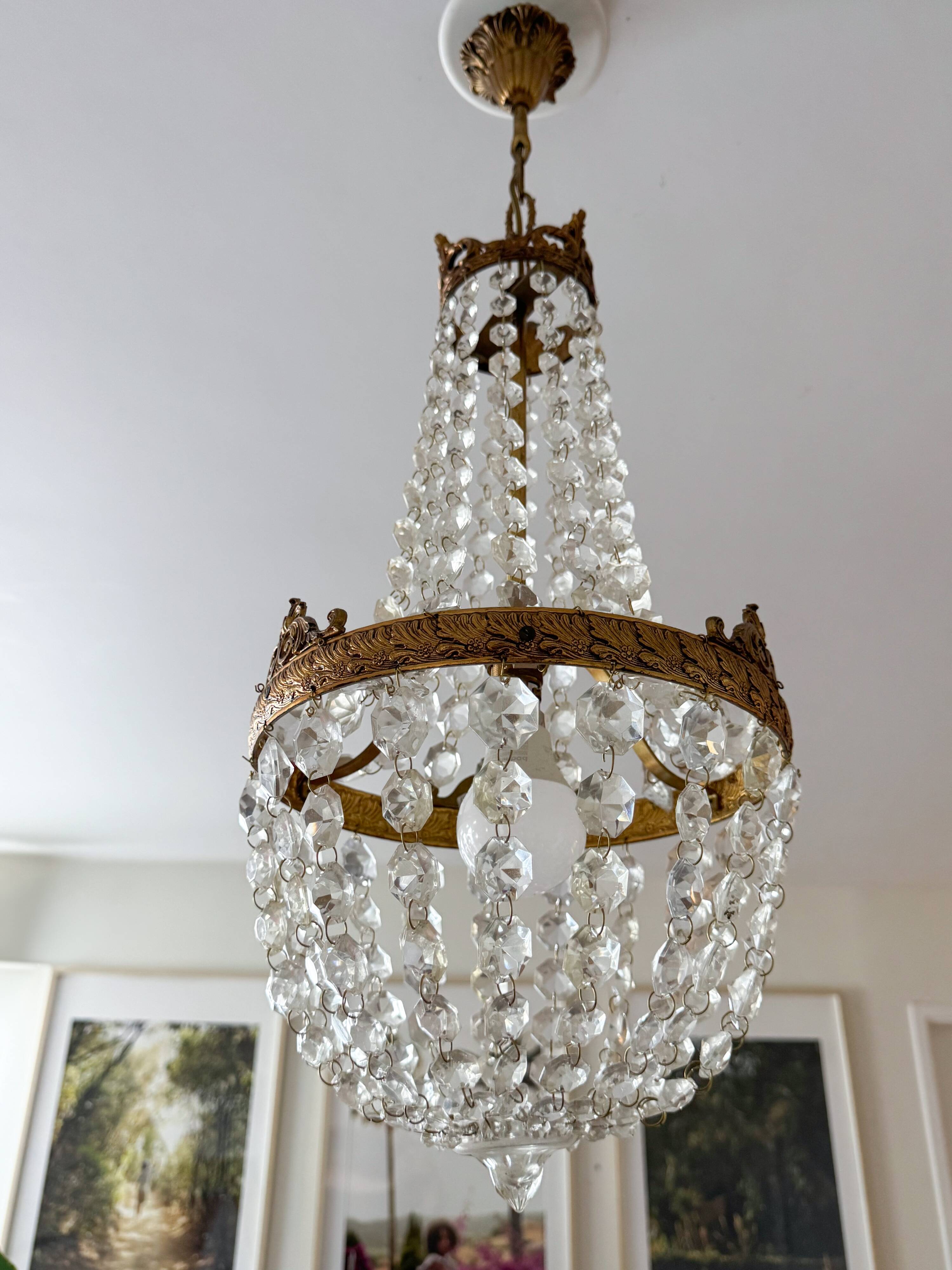 Antique brass and cut glass balloon chandelier