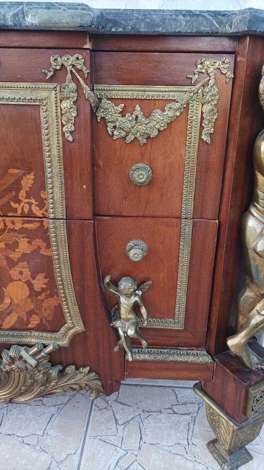 Louis XVI style commode in beech, bronze and marble.
