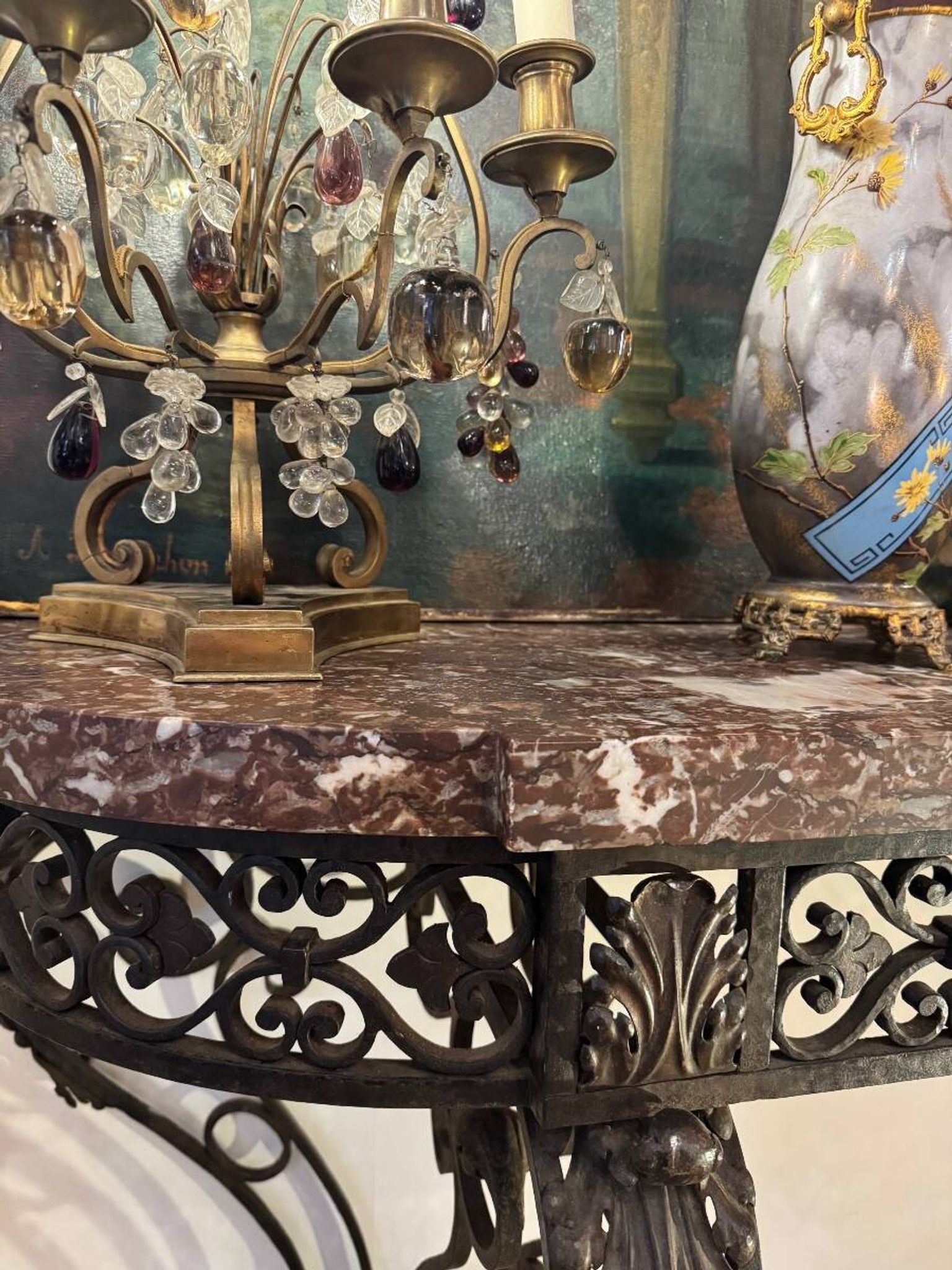 Console in wrought iron from the Napoleonic III period with a red Rance marble top.