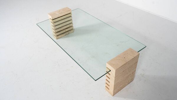 Mid-Century Modern Coffee Table, Glass and Travertine, Italy, 1970S