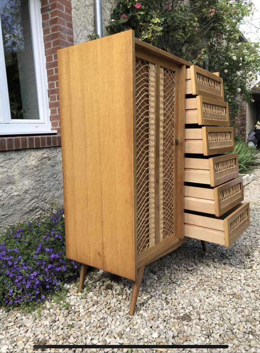 Commode bois et rotin 1/2 armoire