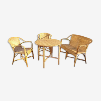 Ensemble table fauteuils en rotin, années 70
