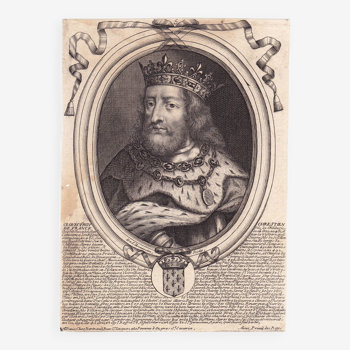 Engraving 17th century 1680 Clovis King of France Merovingian Nicolas de Larmessin