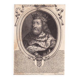 Engraving 17th century 1680 Clovis King of France Merovingian Nicolas de Larmessin