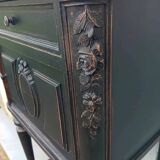 Romantic black bedside table with patinated marble and wood
