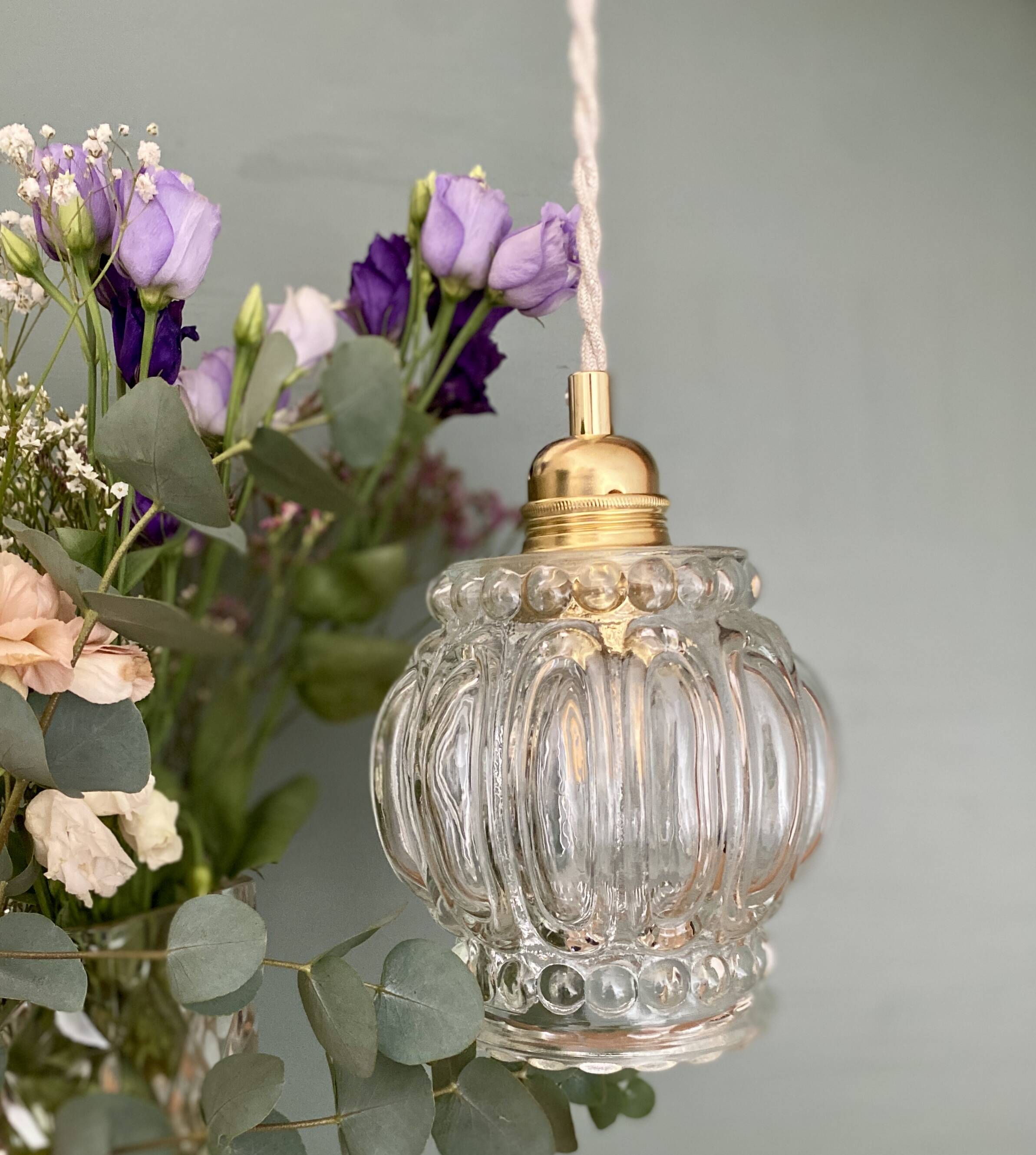 Vintage globe pendant light in transparent bubbled glass