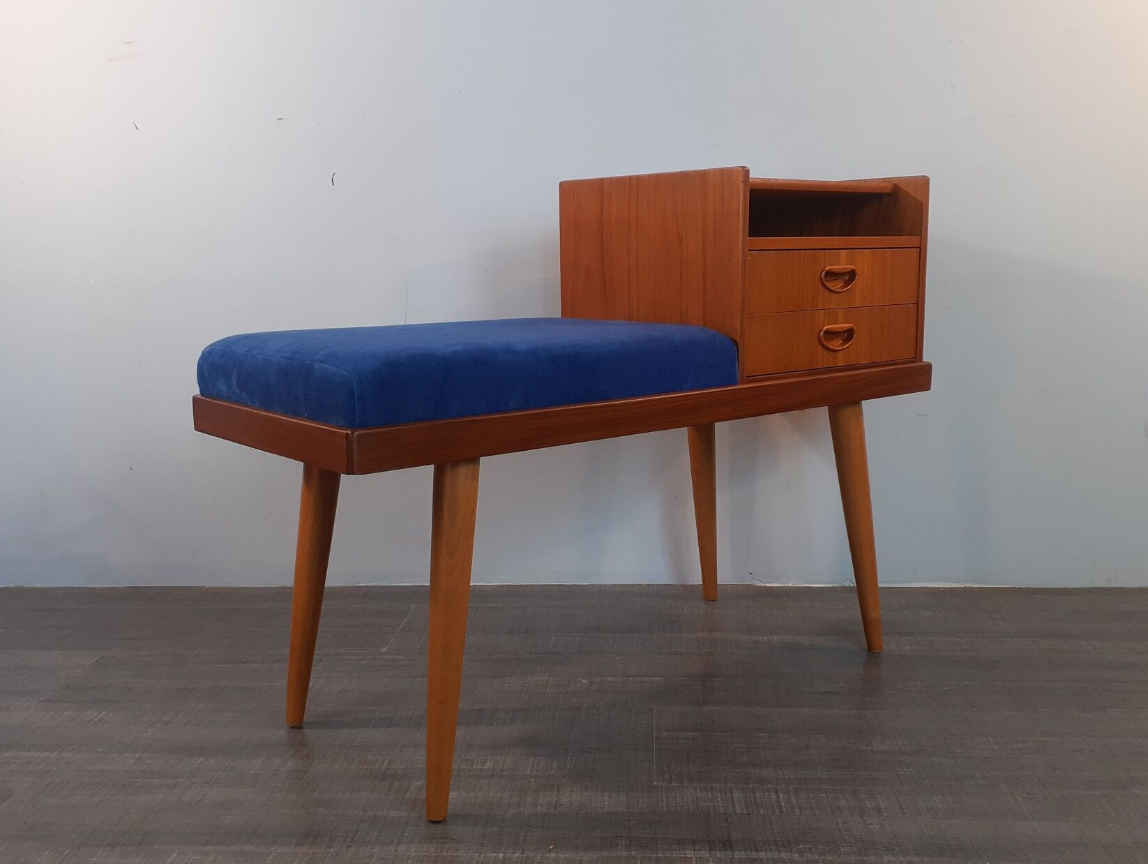 Bench Norwegian Phone Teak and blue fabric, Vintage Scandinavian 1970s