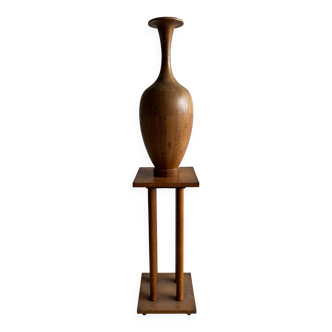 Tall Sculptural Solid Wood Vase, Natural Brown Finish, Minimalist Turned Art Object, 73.5 cm