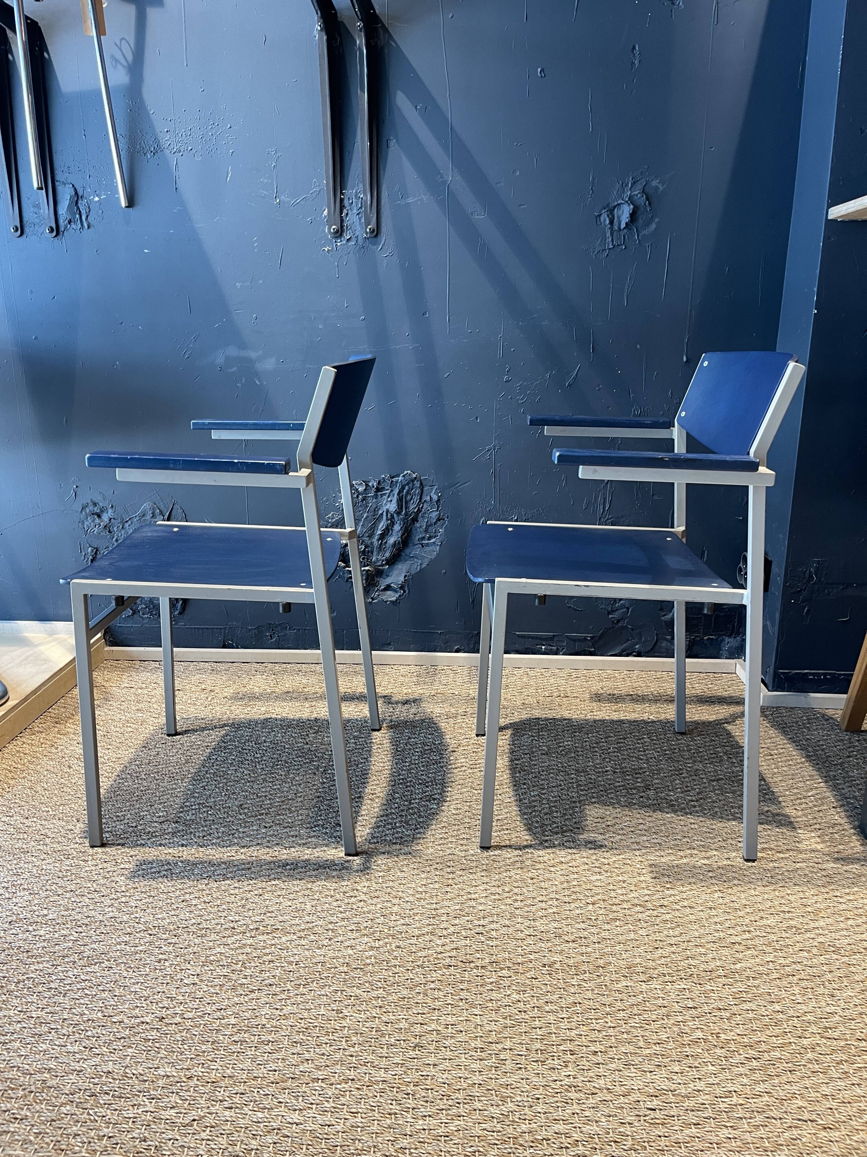 Pair of Gijs Van Der Sluis chairs with armrests in blue with grey steel legs
