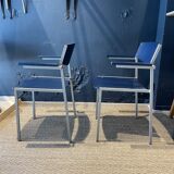 Pair of Gijs Van Der Sluis chairs with armrests in blue with grey steel legs