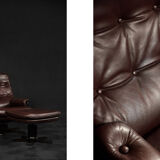 Vintage Mid-Century Scandinavian Modern Brown Leather Executive Swivel Chair & Ottoman, 1970s