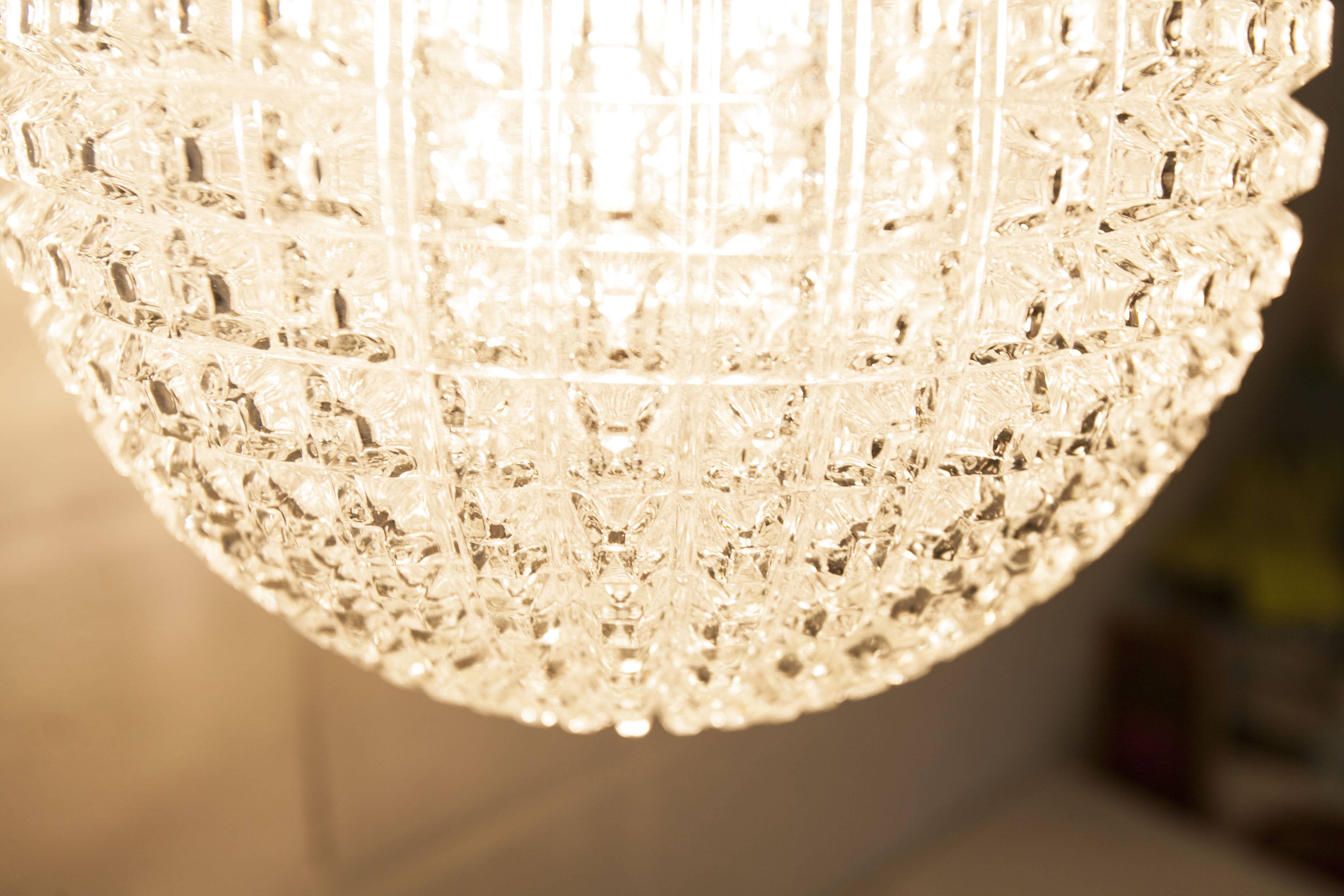 1960s Holophane Ball Pendant Chandelier, Thick Glass, 30 cm, and Vintage Brass