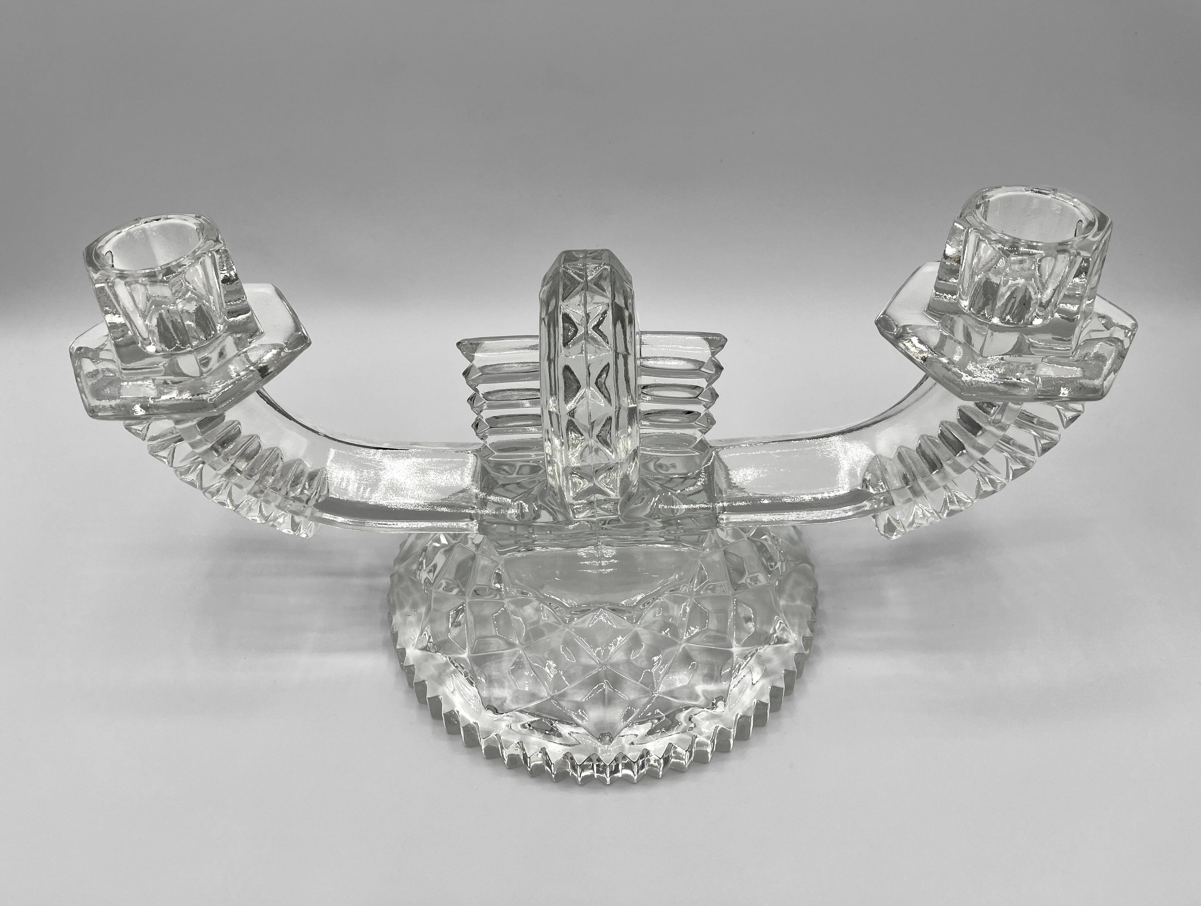 SKLO UNION Libochovice double candlestick • 2-flame pressed glass candle holder • Art Deco