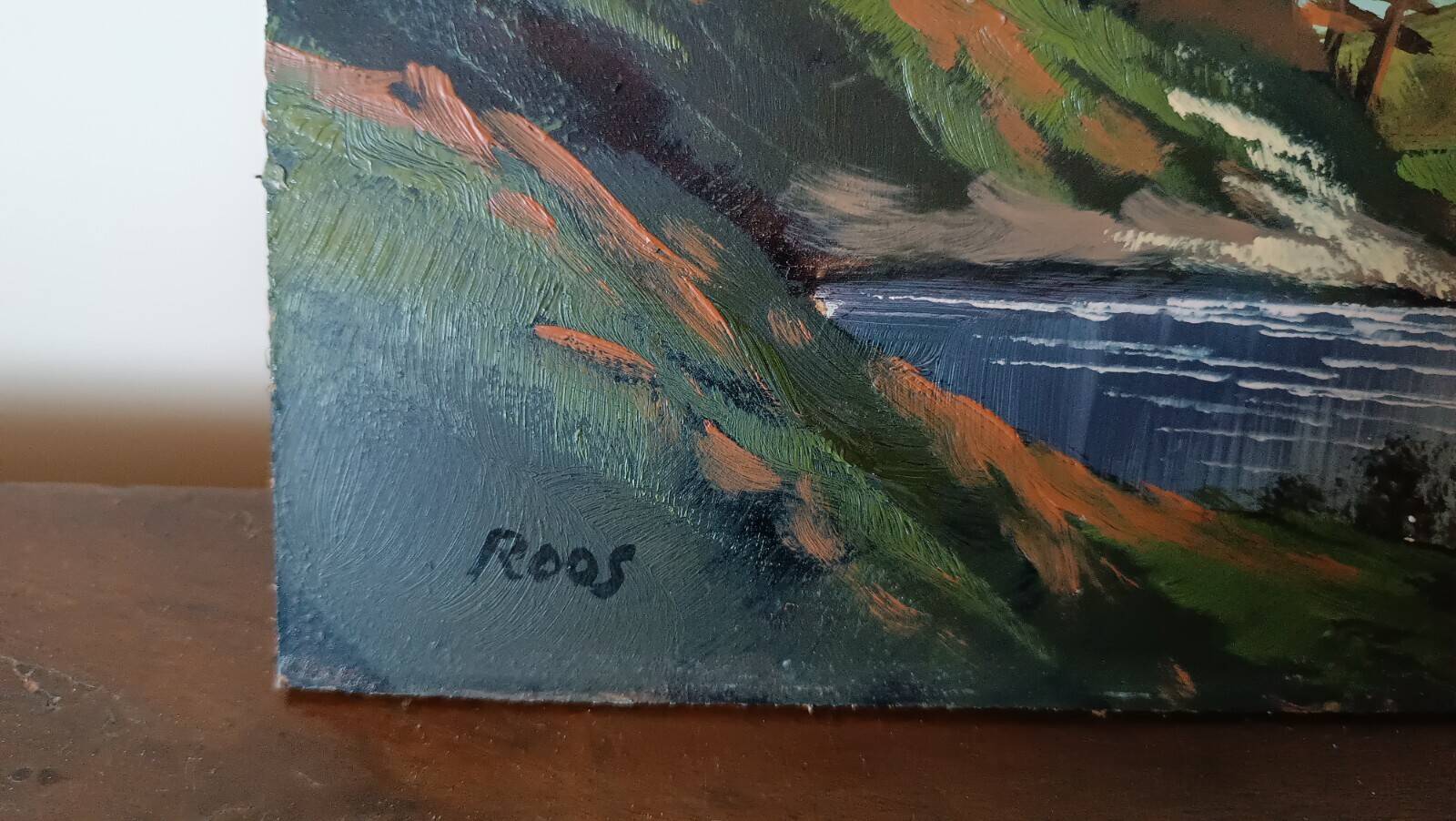 Oil painting on faesite from the 50s signed roos mountain landscape
