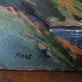 Oil painting on faesite from the 50s signed roos mountain landscape