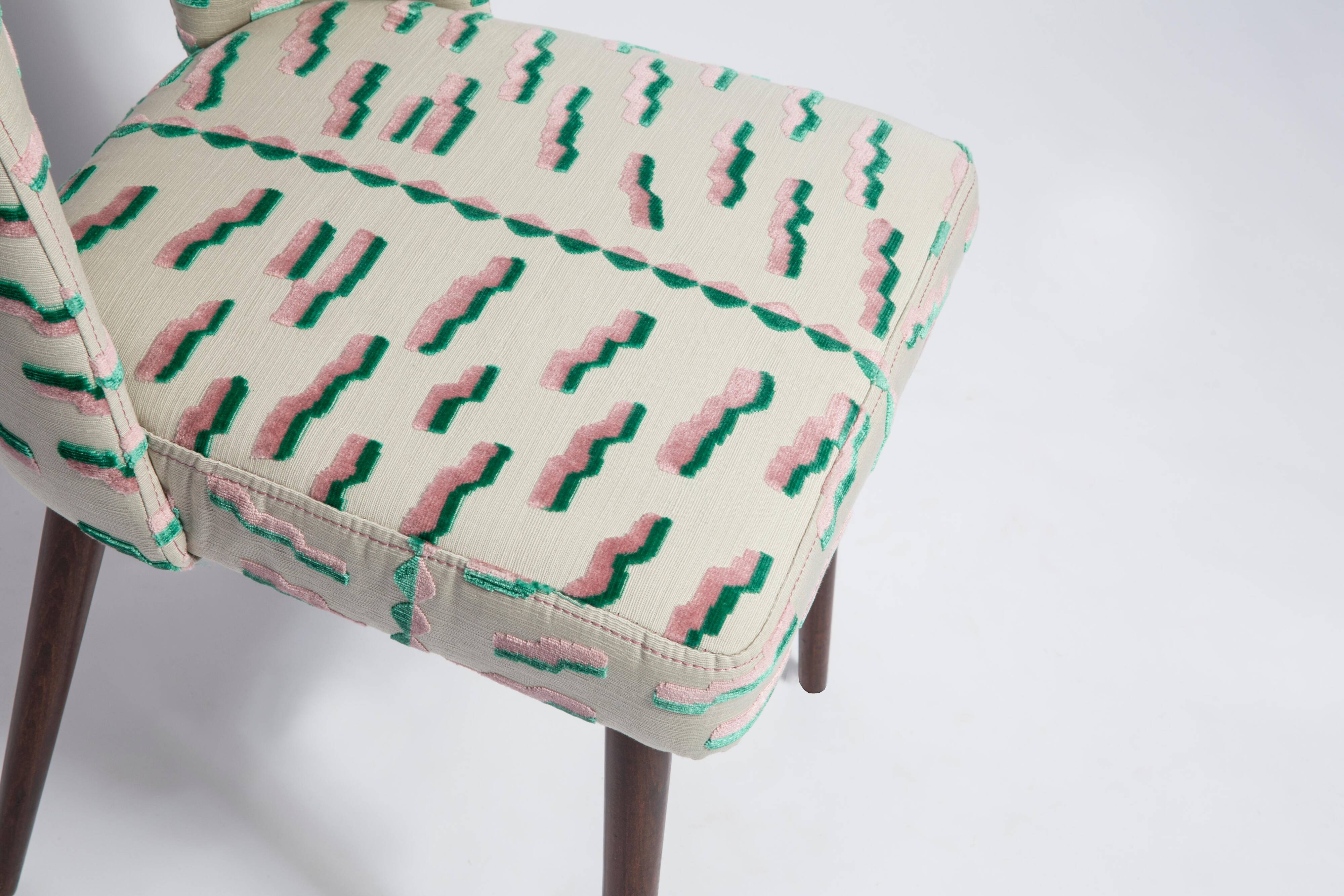 Chaise Shell Milieu du Siècle en Jacquard Velours Tigre Rose et Vert