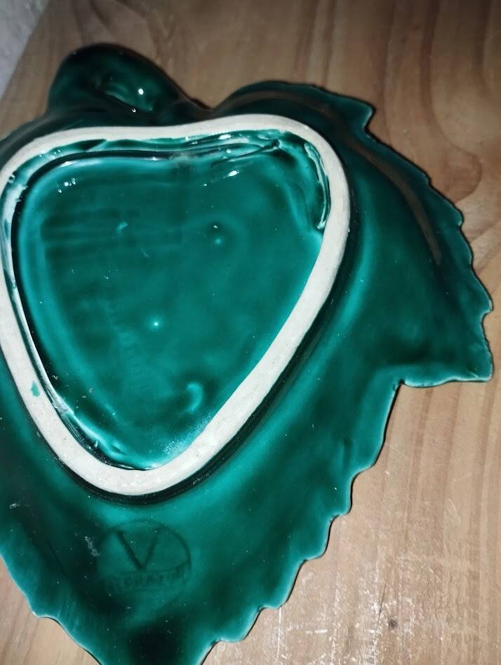 Charming ceramic dish in the shape of a leaf, signed Vallauris, in
