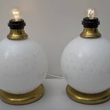 Pair of Mid-Century Modern Brass and Blown Murano Glass Table Lamps, 1970s