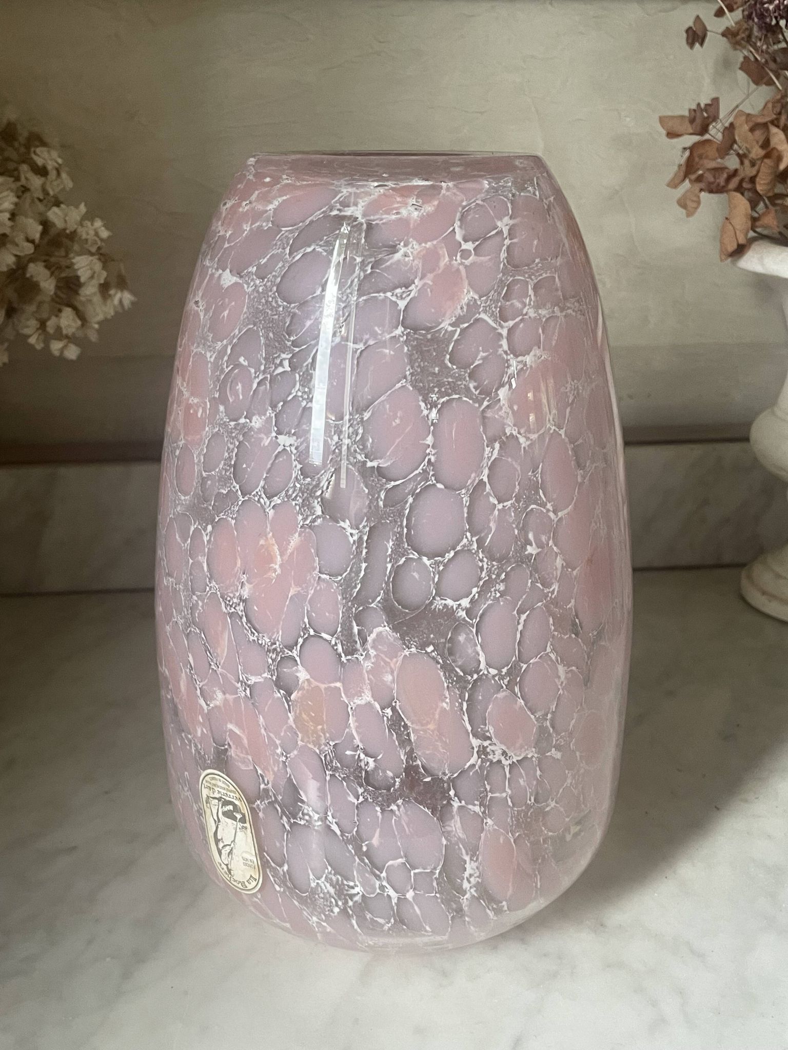 Marbled pink blown glass art vase, La Rochère