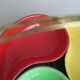 3 matching vintage ceramic dishes from the 1950s-60s in a brass basket with a scoubidou handle