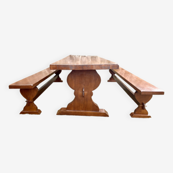 Monastery table and its two benches in solid oak 1950