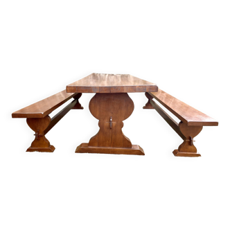 Monastery table and its two benches in solid oak 1950