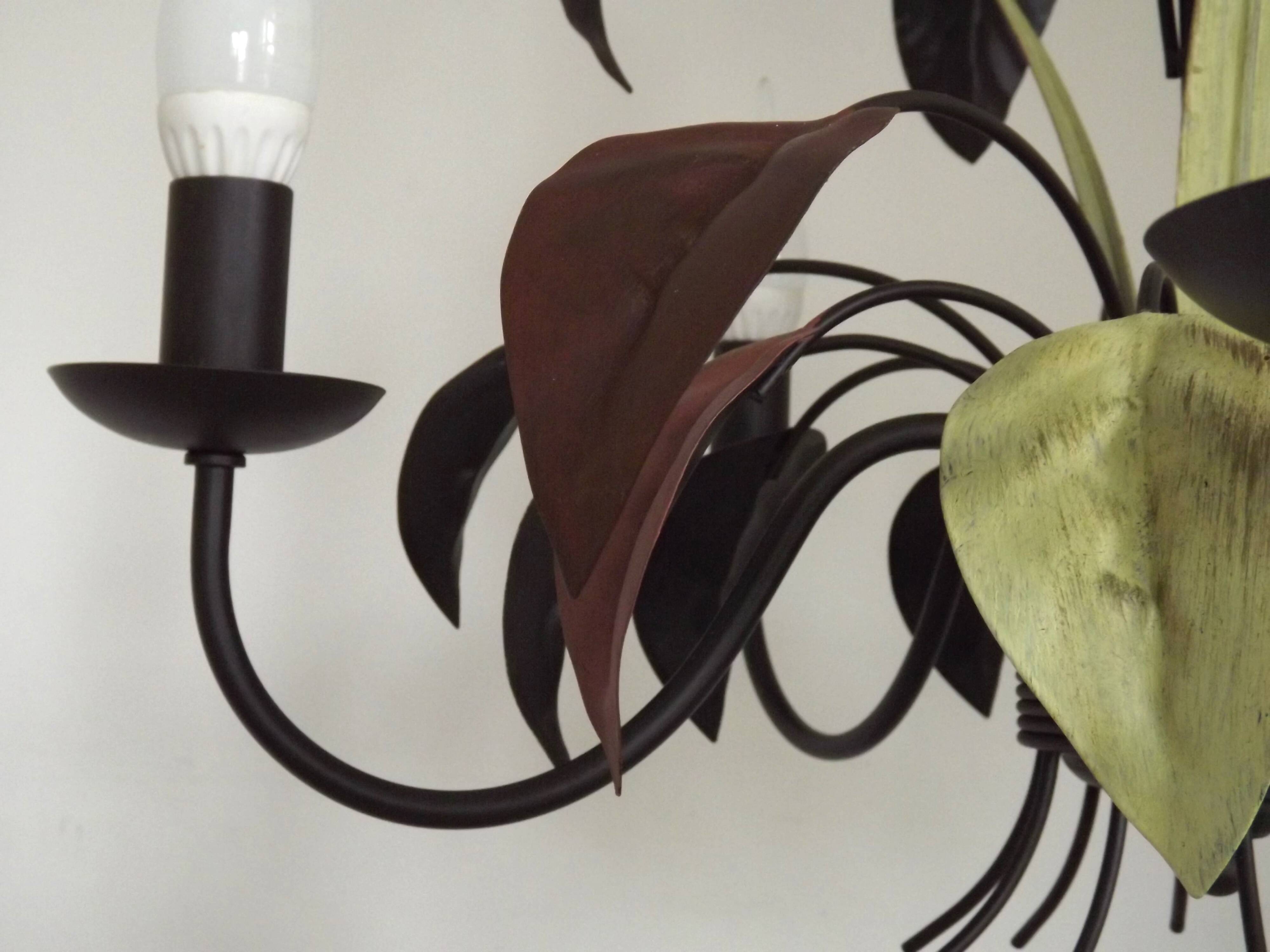 French Vintage 5 Light Brown & Green Tied Boquet Leaf Chandelier