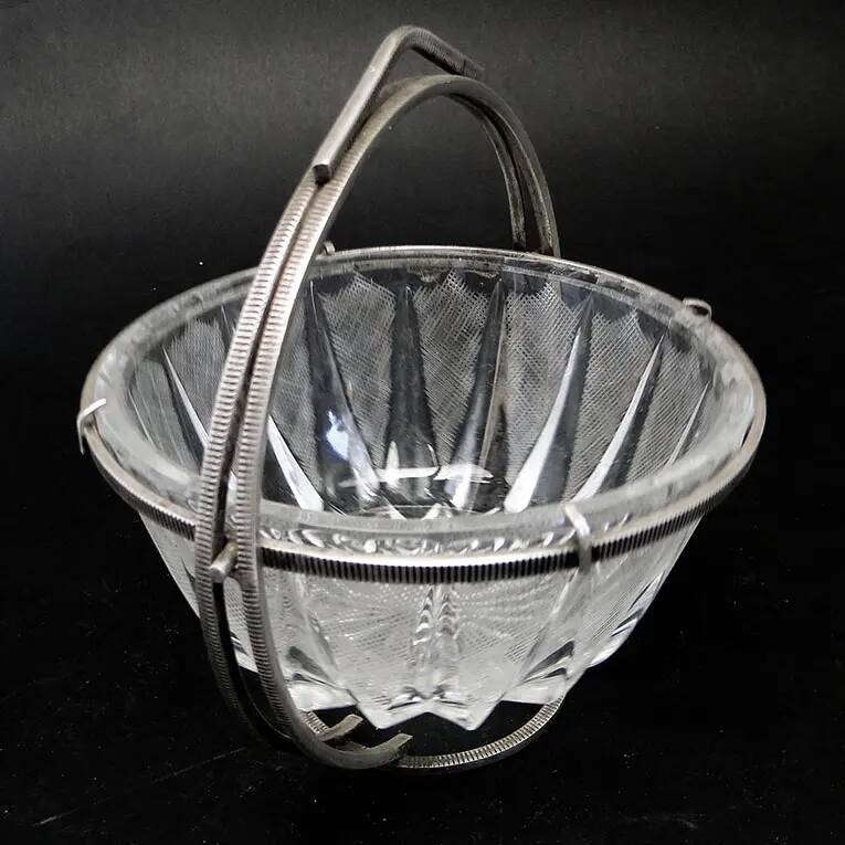 Art Deco sugar bowl, glass, silver-plated brass, Poland, 1920s