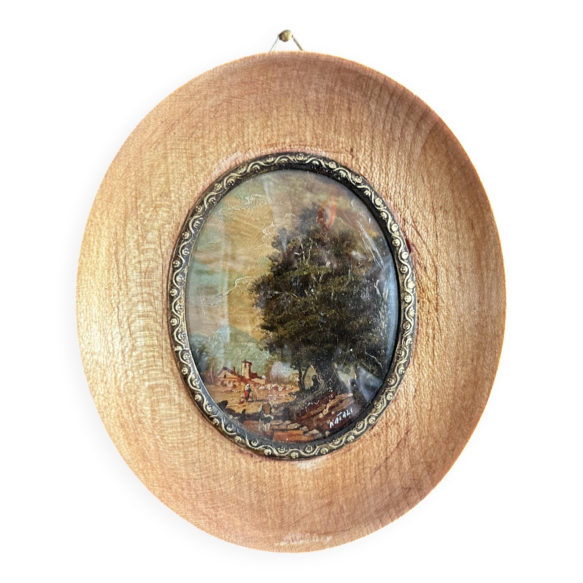 Antique oval miniature painting landscape signed Natali early 20th century