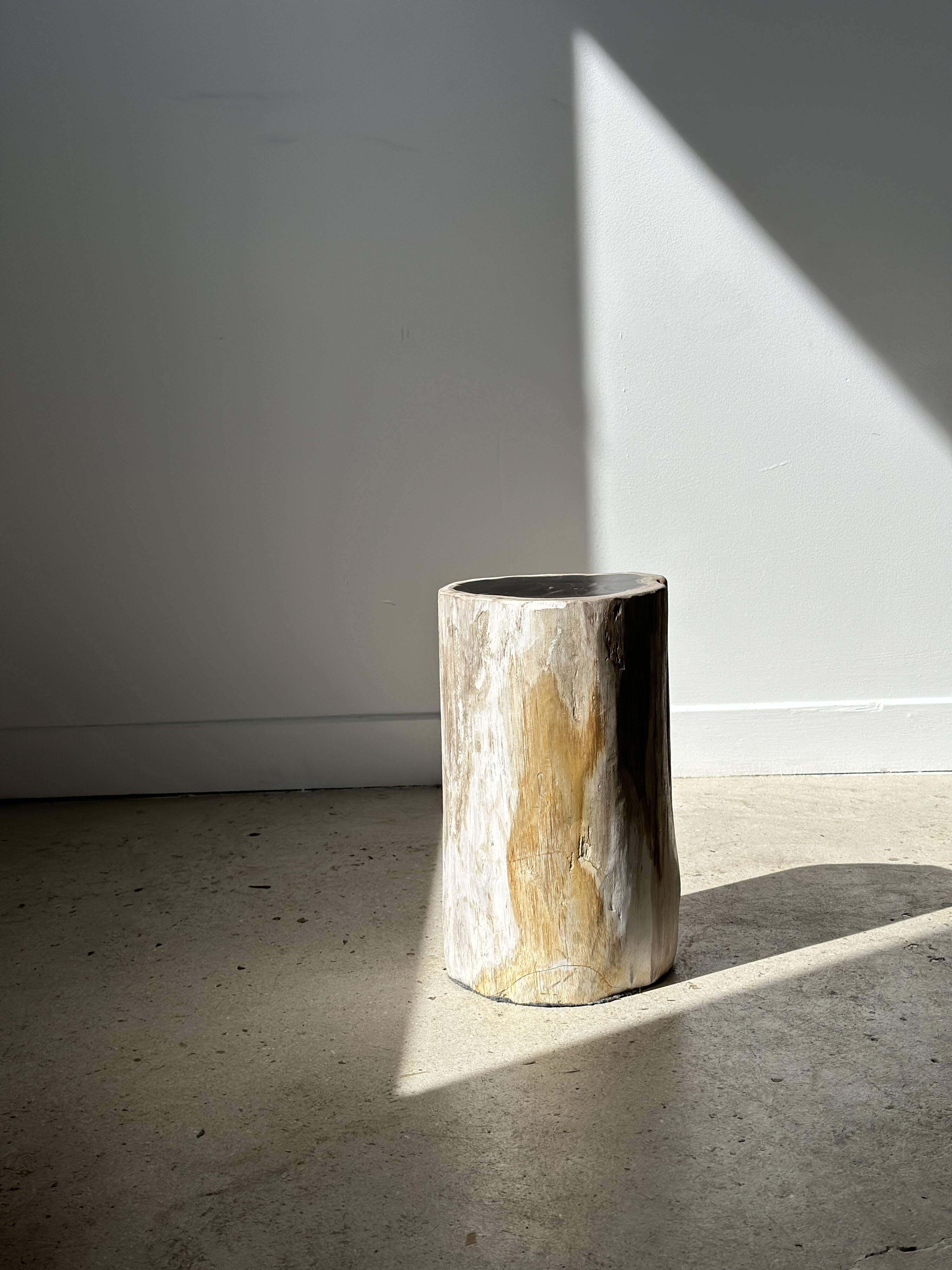 Petrified wood side table white tower black heart H:36cm D:17cm