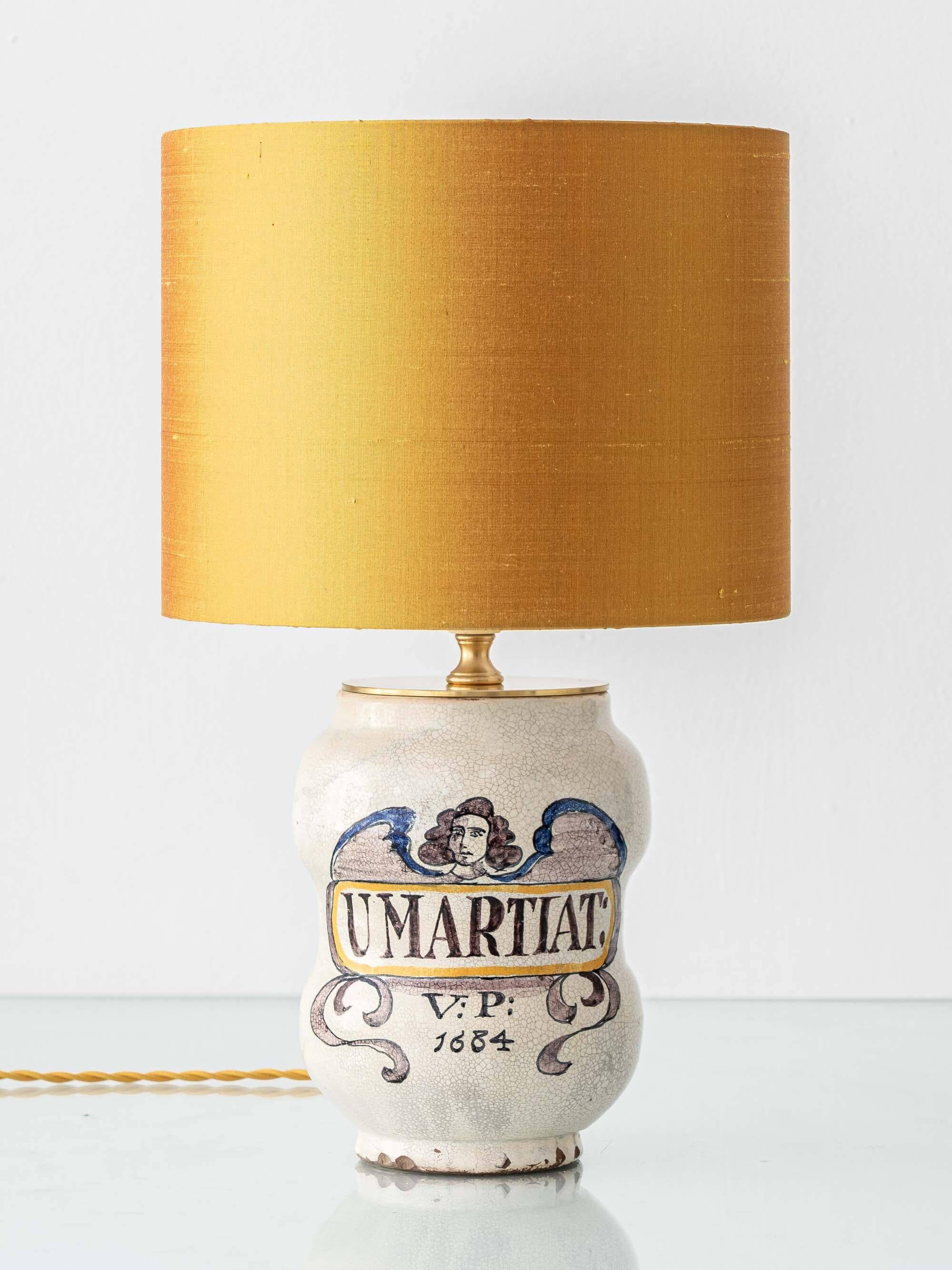 Italian apothecary jar table lamp with new Dupion silk shade, 19th century.