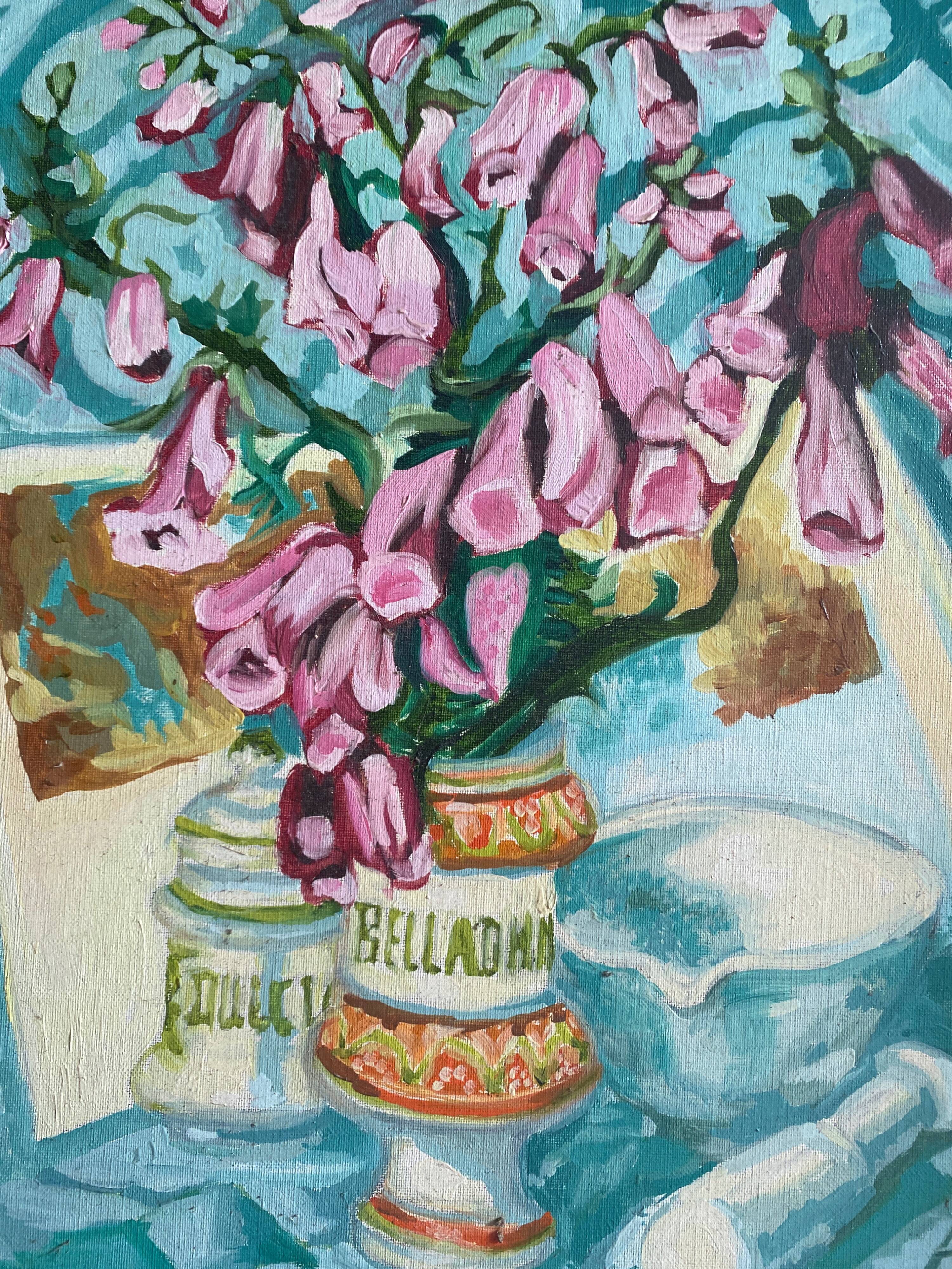 Painting "Bouquet of foxgloves" apothecary pot signed P. Jally and frame