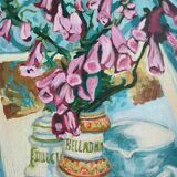 Painting "Bouquet of foxgloves" apothecary pot signed P. Jally and frame