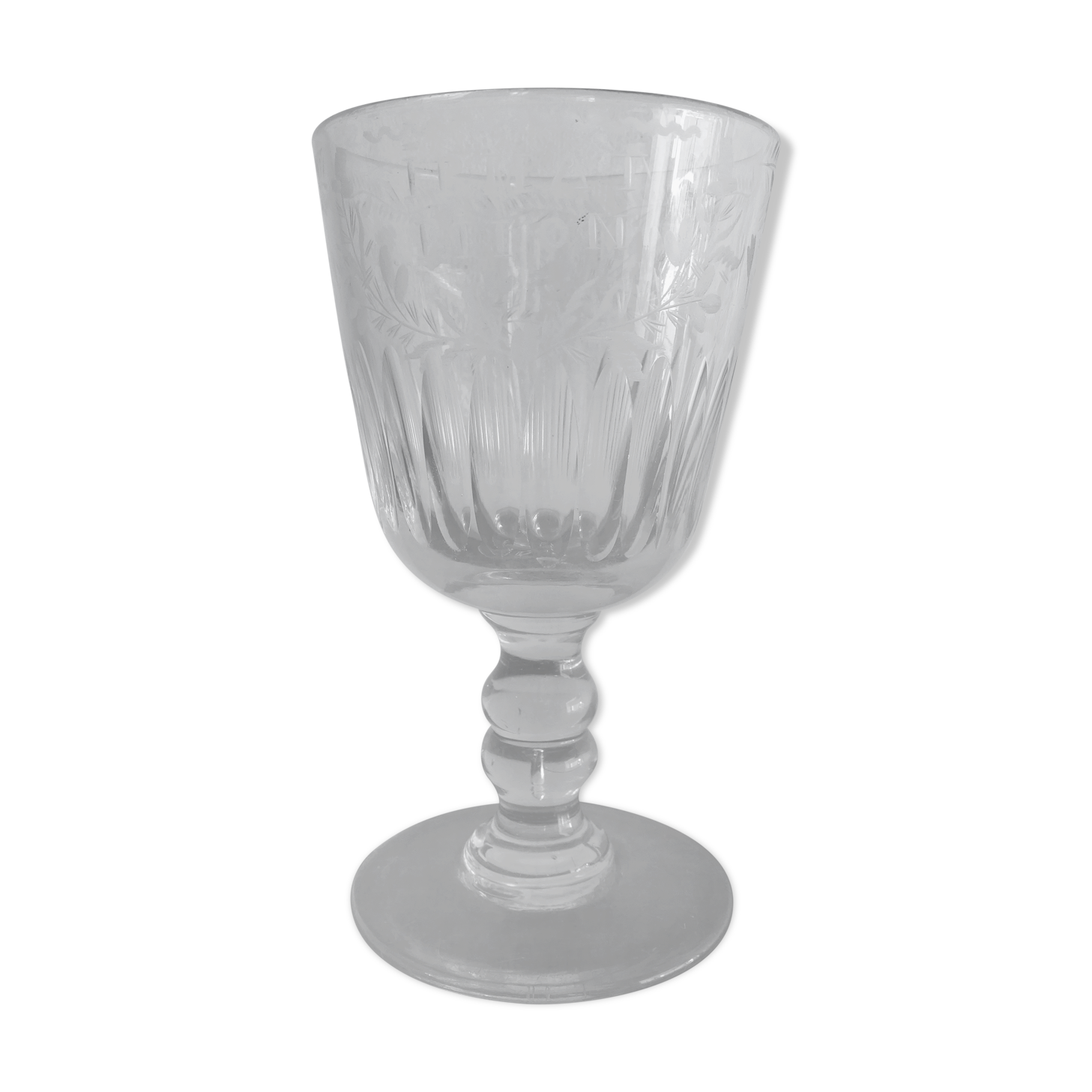 Old foot glass XIXth blown glass engraved flowers