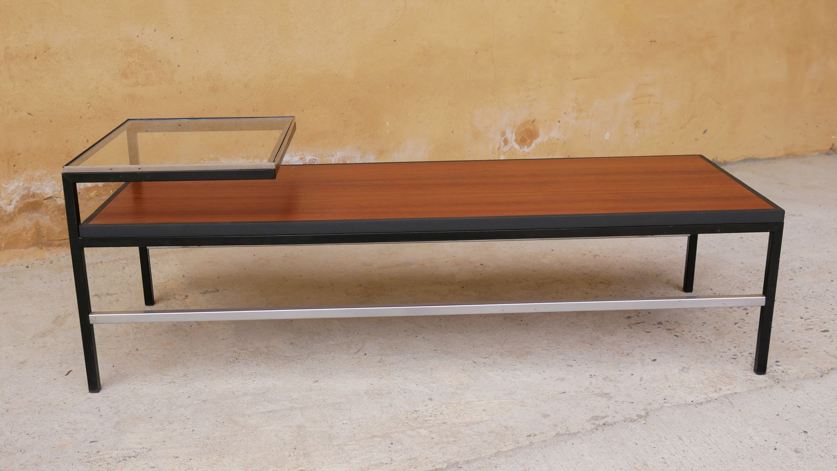 Modernist coffee table vintage wood, metal and glass