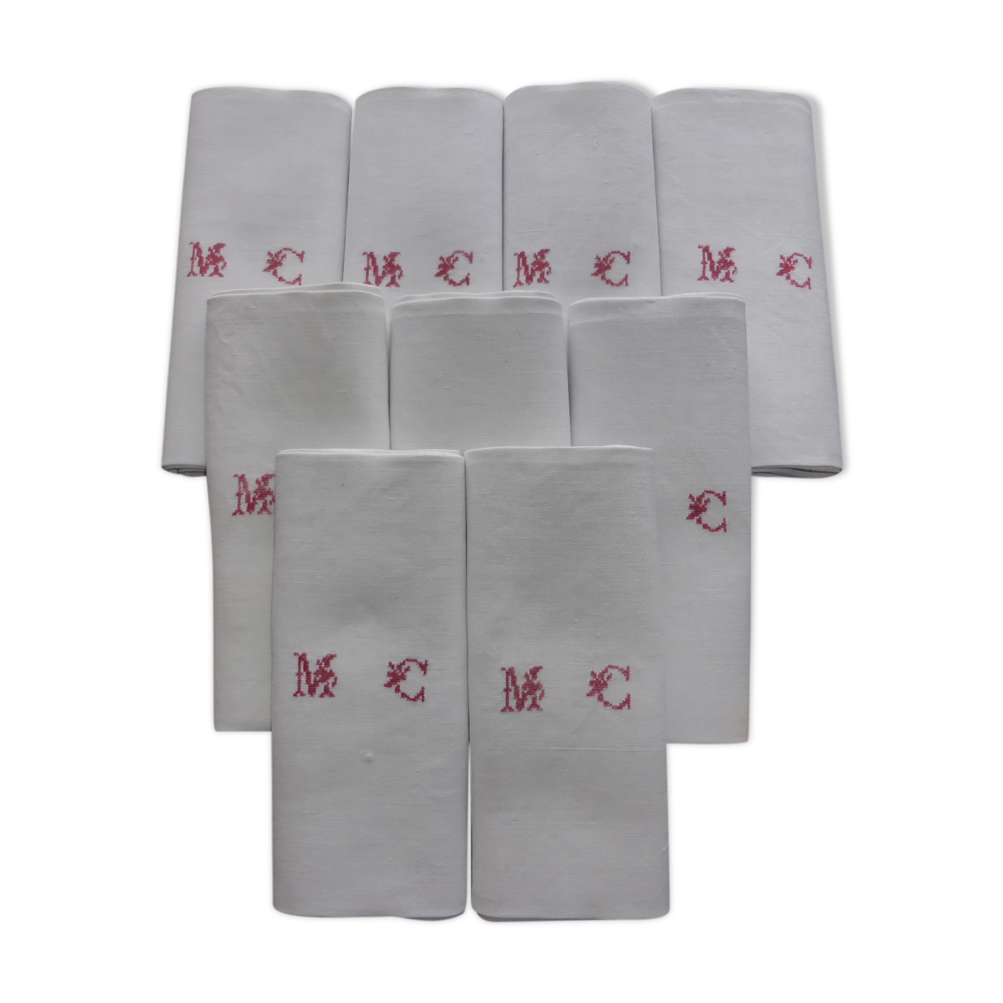 9 old linen towels embroidered MC with red thread