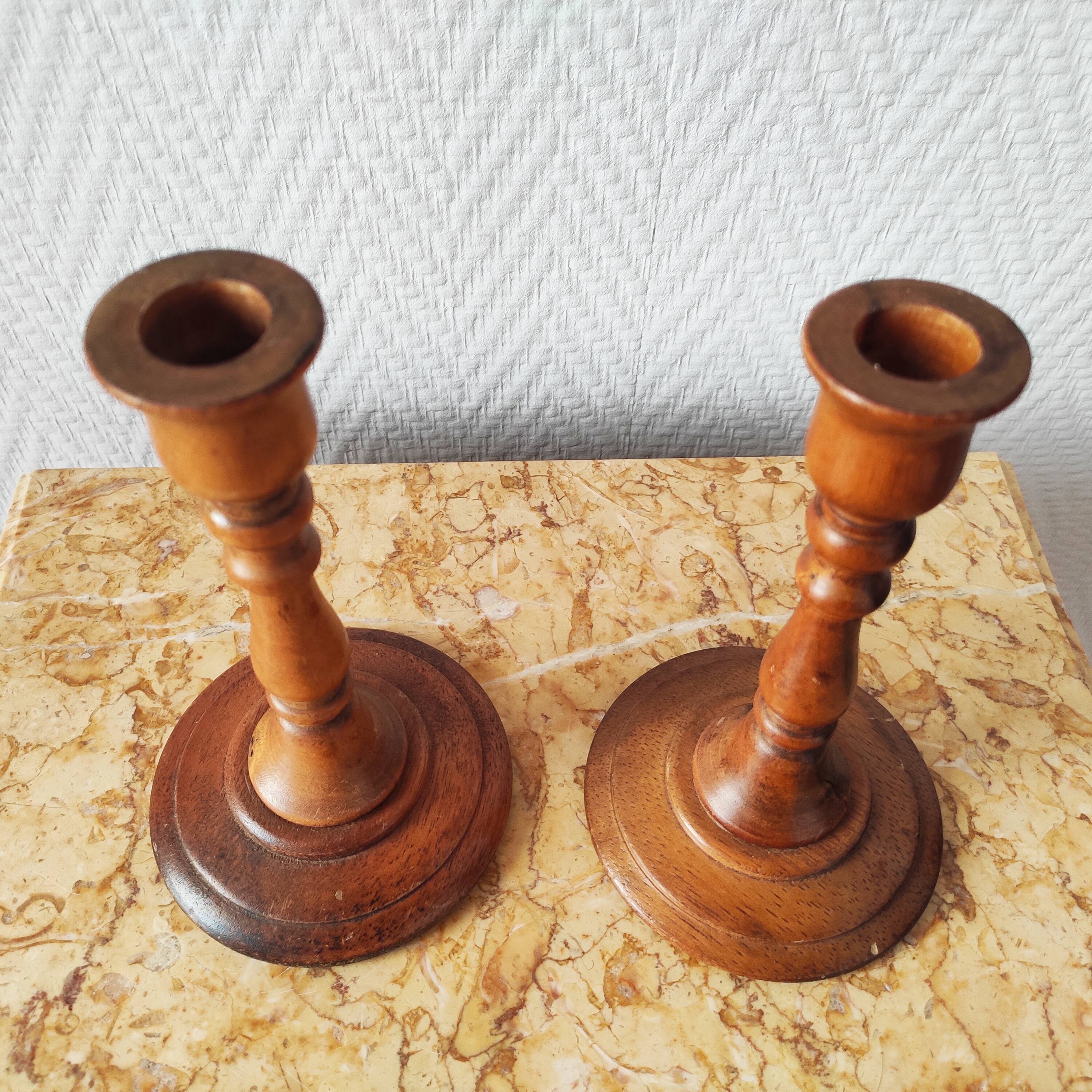 Pair of vintage turned wooden candlesticks