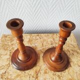 Pair of vintage turned wooden candlesticks