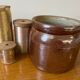 Stoneware pot with glossy glazed brown and vintage speckled gray handle