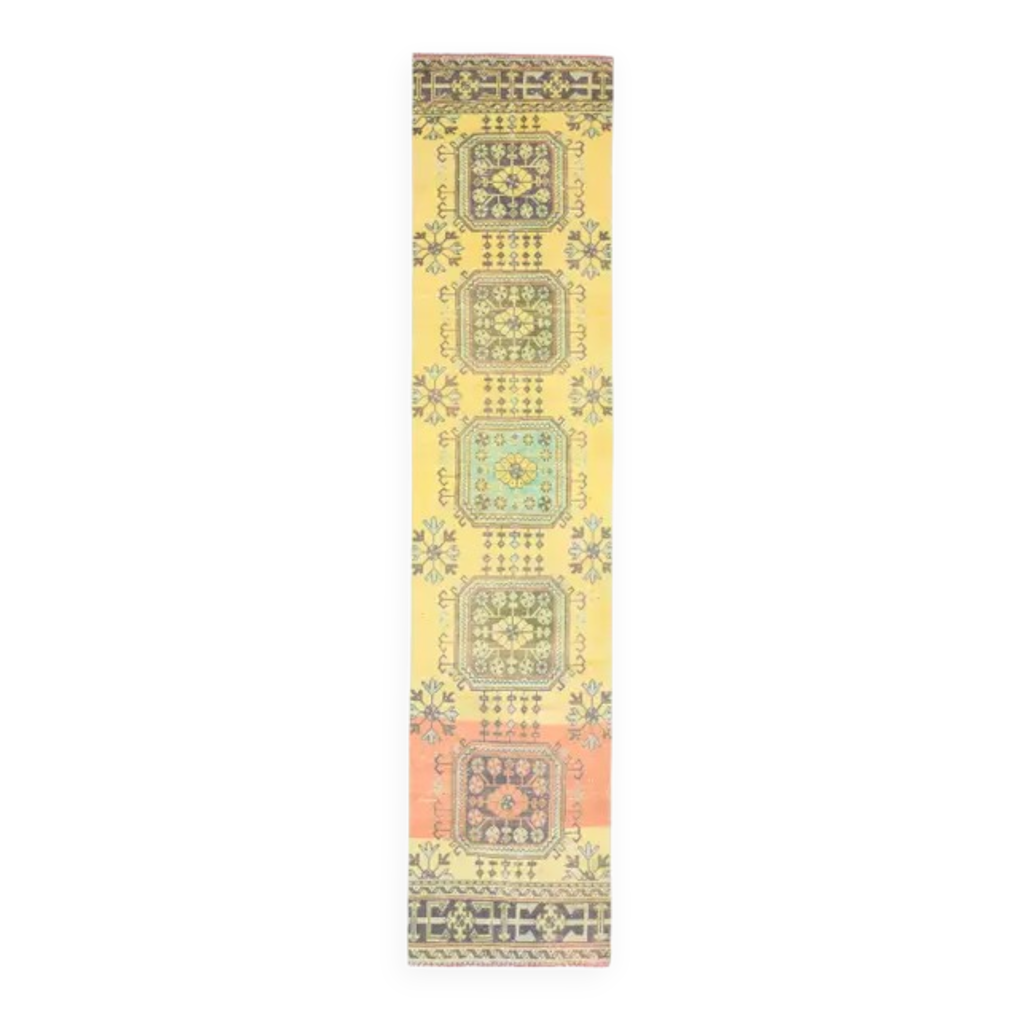 1970s Turkish Oushak Handmade Wool Cotton Yellow Runner 81x362